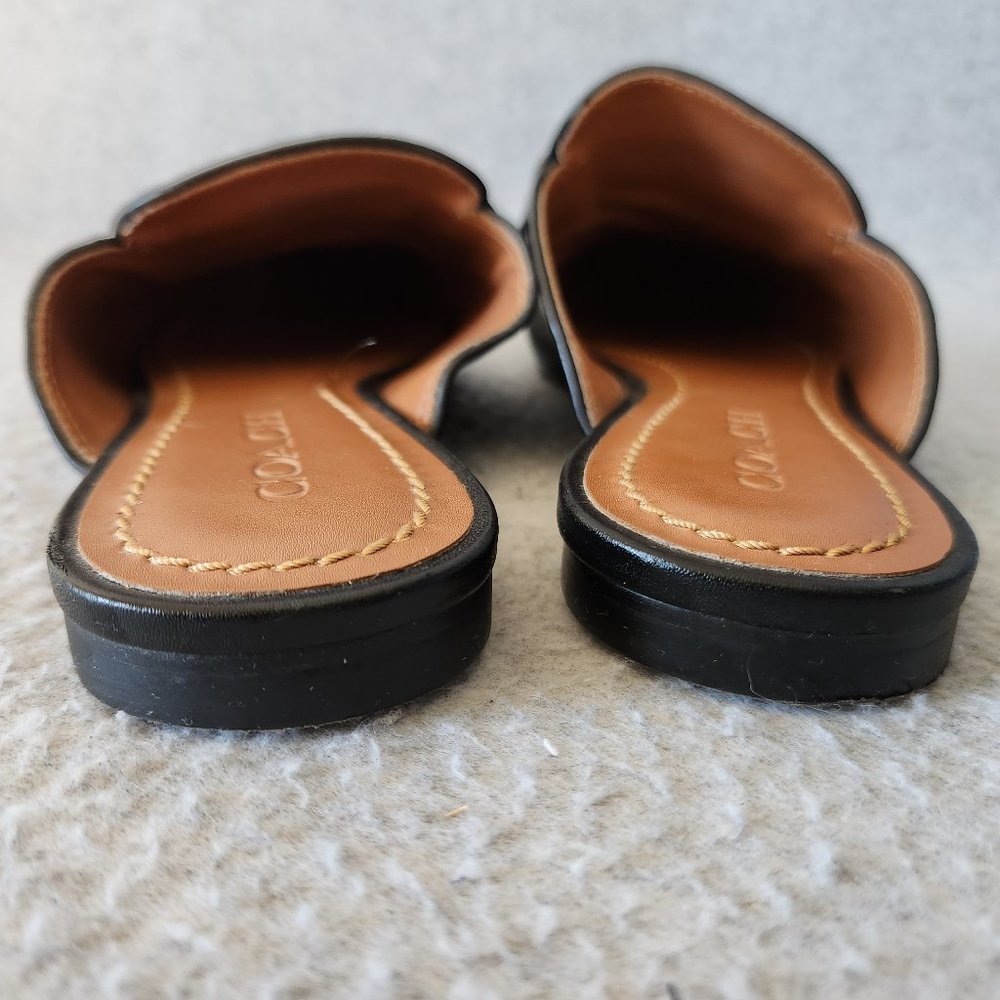 Coach Scotty Black Leather Slide-On Mule Flat Gold Carriage Chain-link - Picture 9 of 12